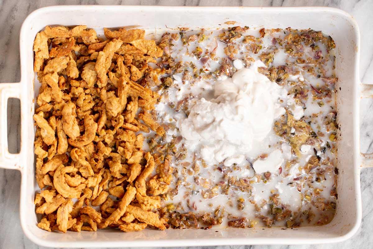 baked soy curls, aromatics, and spices with coconut milk added