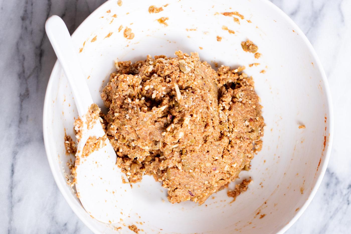 vegan meatball mixture in a white bowl