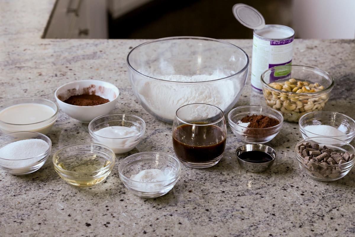 vegan mocha cake ingredients in bowls on the kitchen counter