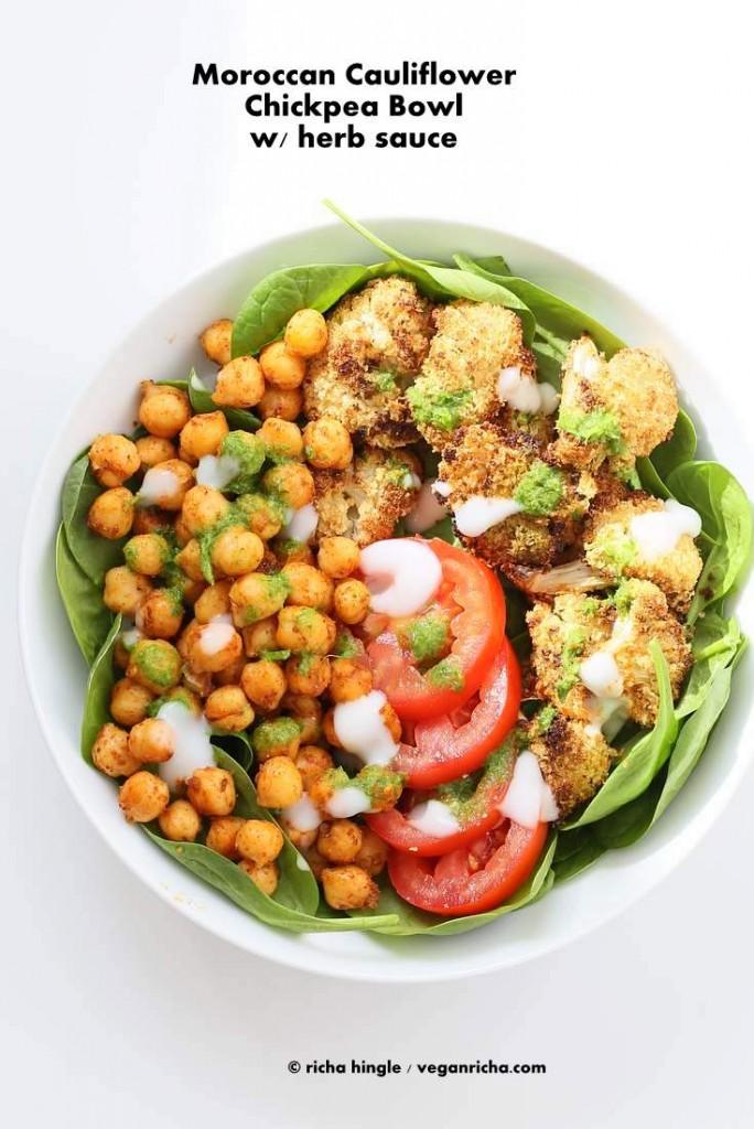 Moroccan Chickpea Cauliflower Bowl with Herb sauce | Pitzn