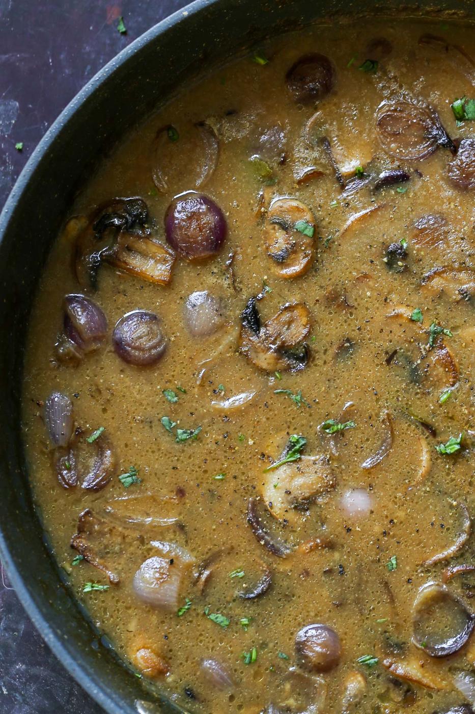 close-up of vegan mushroom gravy in the pan