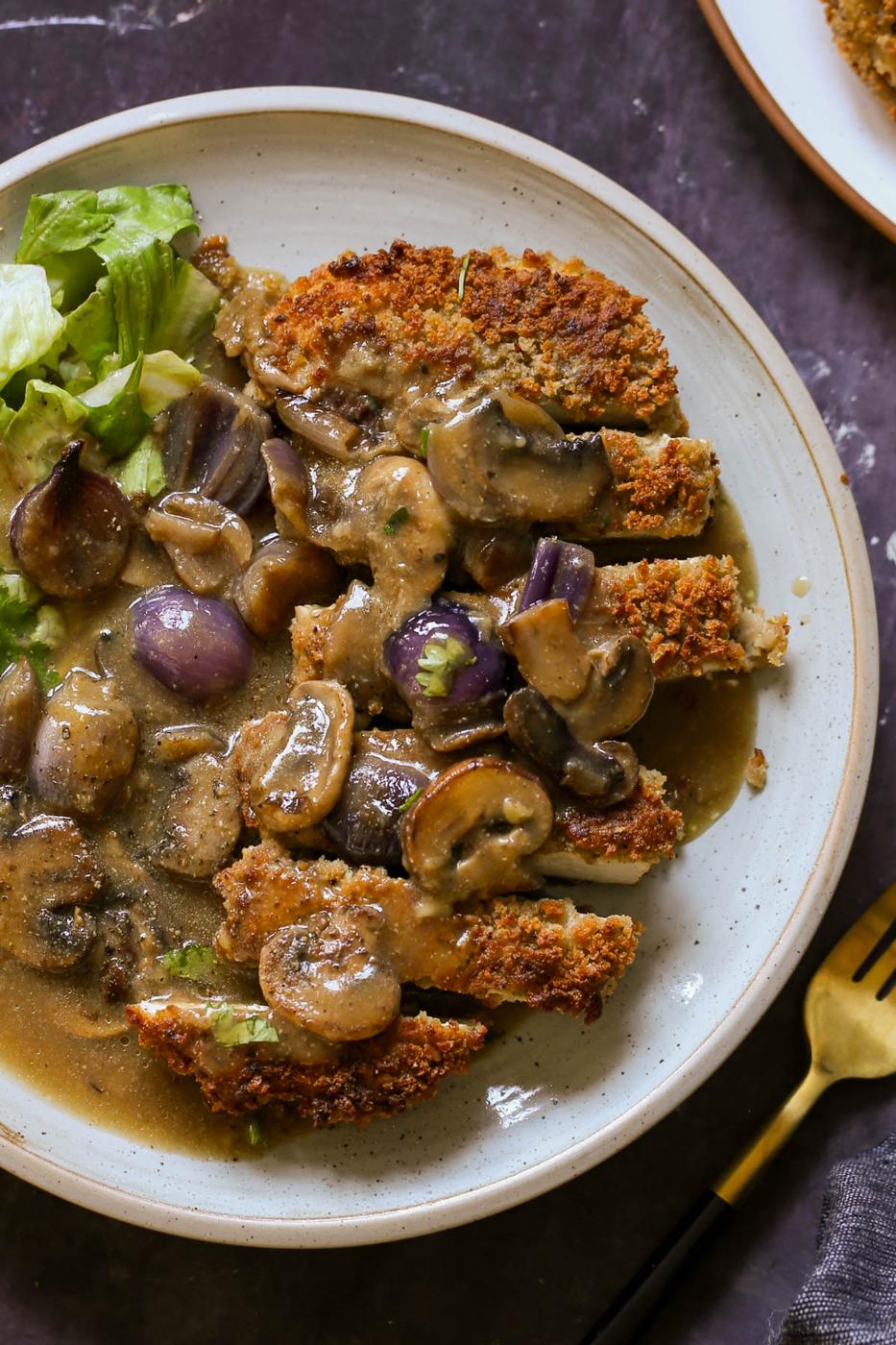 vegan mushroom gravy over crispy tofu