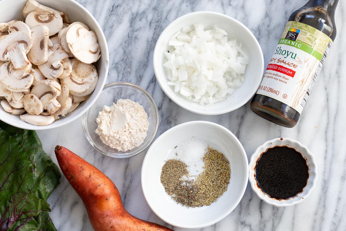 Ingredients for Our Vegan Mushroom Pot Pie in bowls