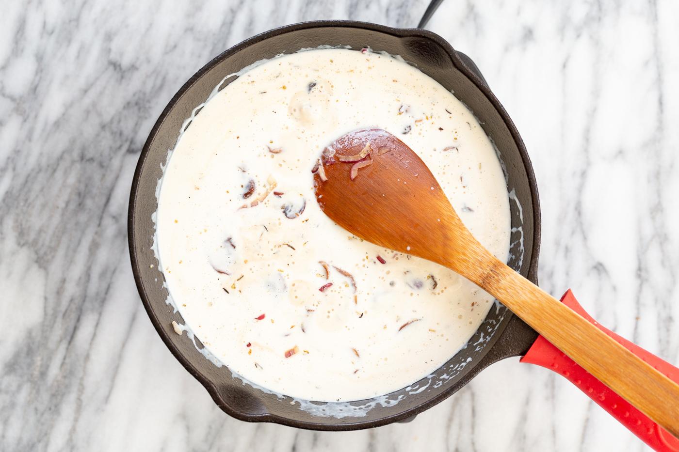 Mushroom Wine Sauce in a cast iron skillet