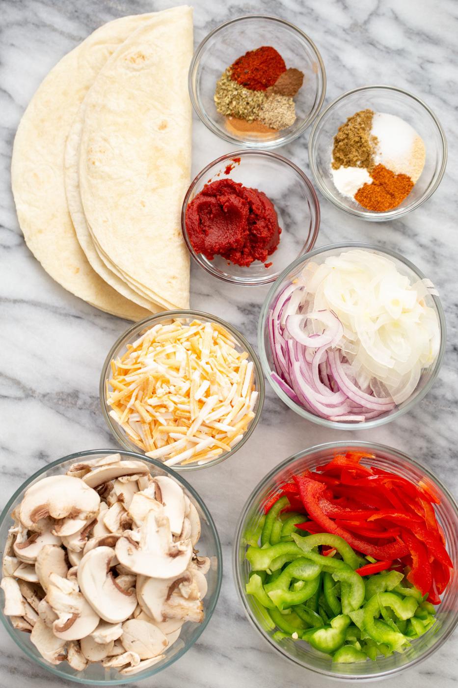 ingredients needed for making vegan mushroom bell pepper tostada quesadilla