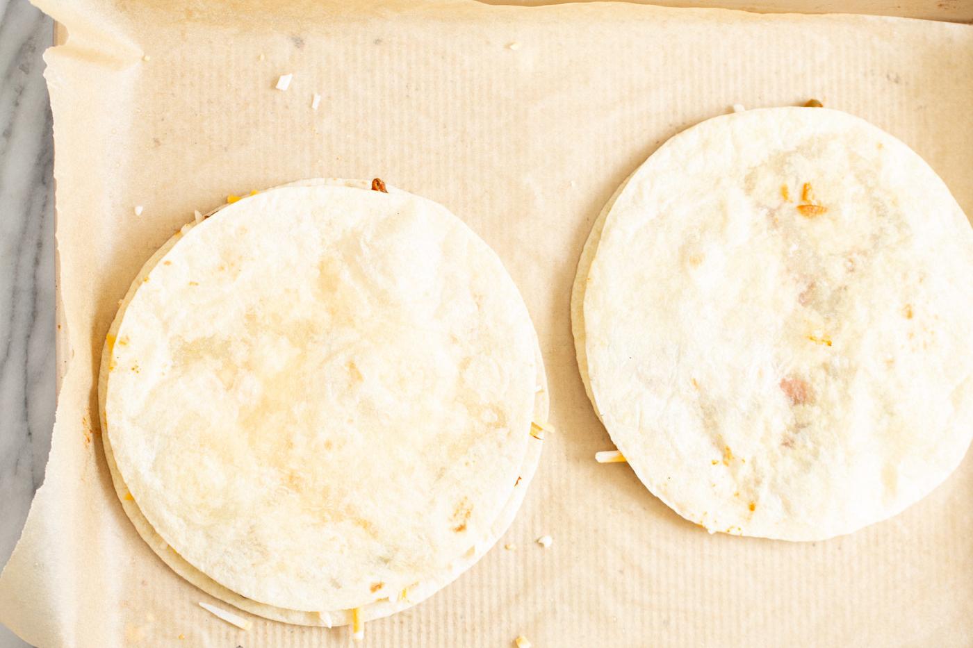 vegan mushroom bell pepper tostadillas ready to be baked