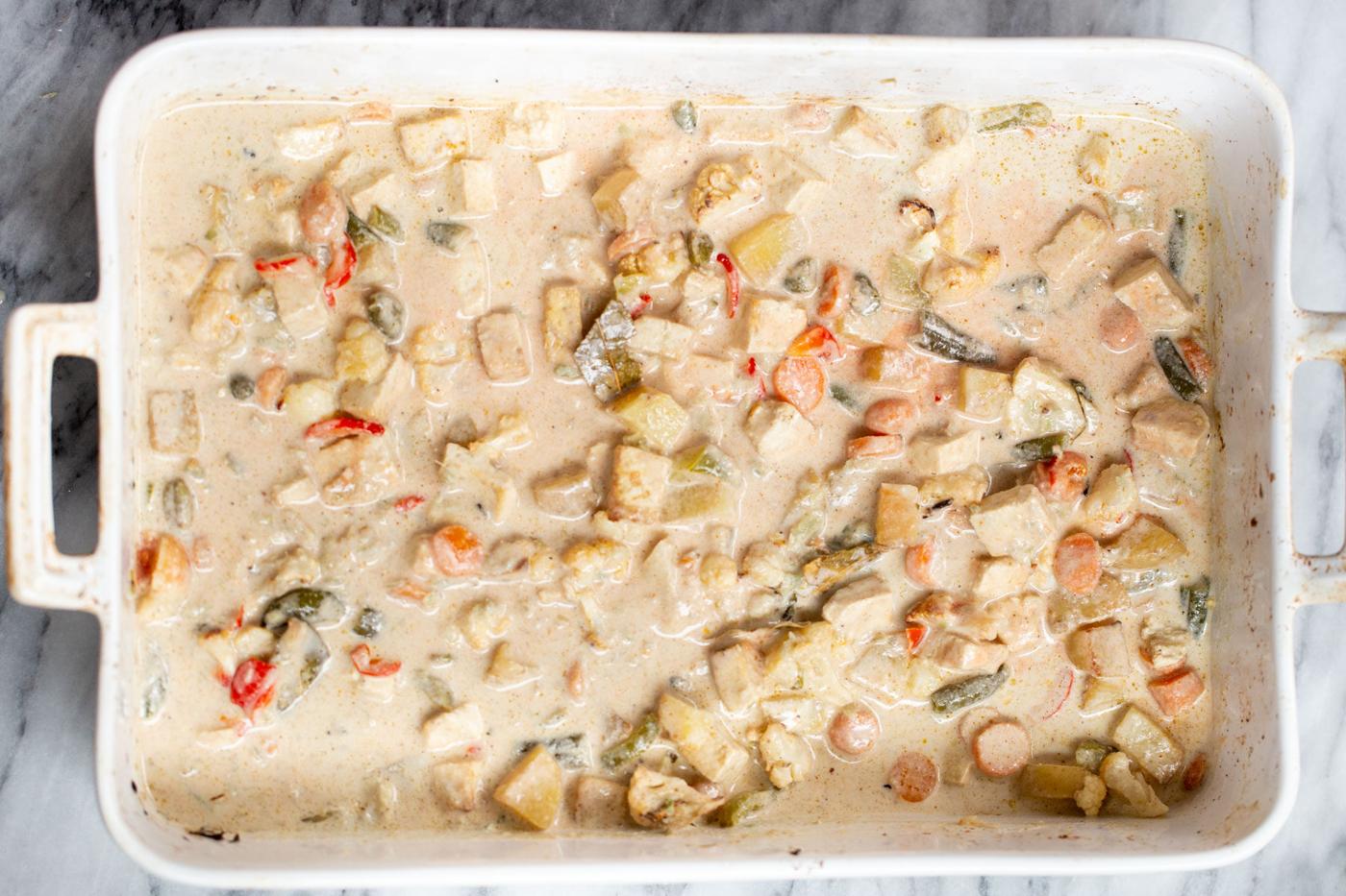 Navratan Korma in a white casserole dish