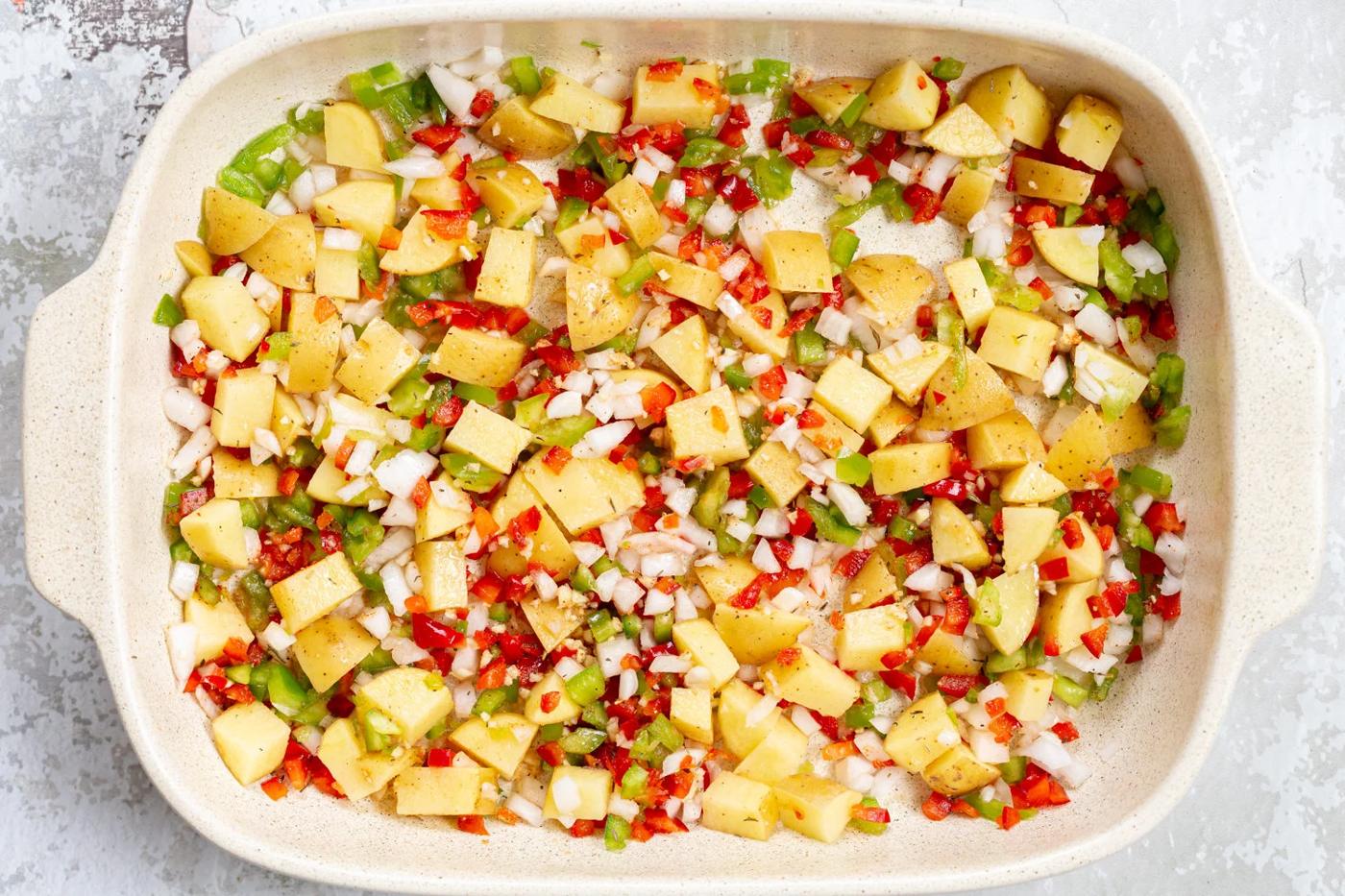 Breakfast Potatoes in a white baking dish
