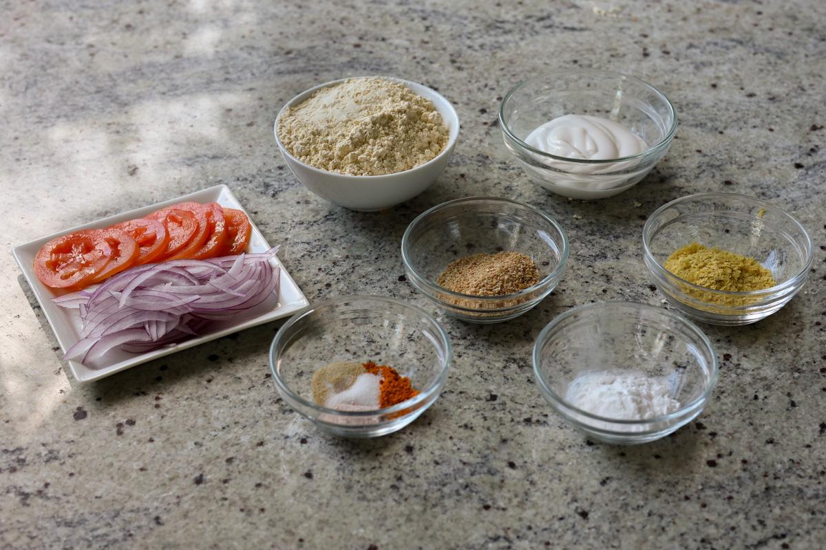 vegan chickpea flour omelet ingredients on the kitchen counter