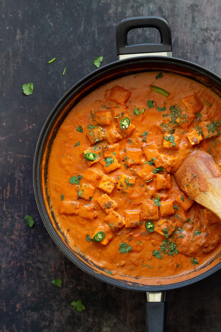Vegan Paneer Lababdar in a black skillet