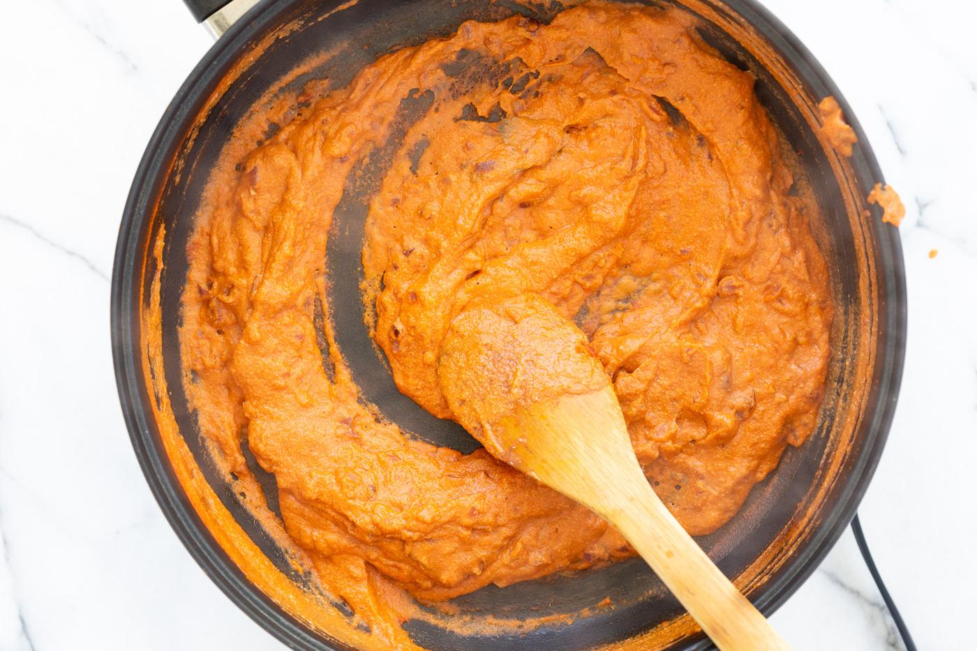 Vegan Paneer Lababdar in a black skillet
