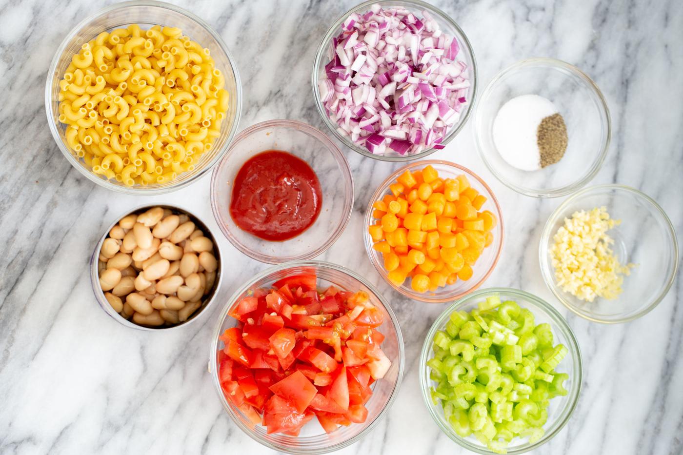 overhead shot of ingredients needed for making pasta e fagioli