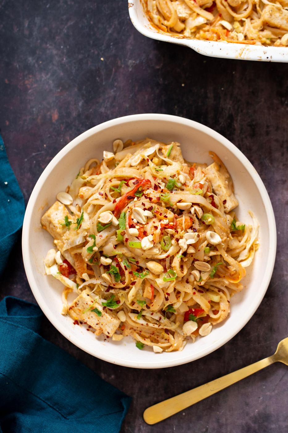 a serving of vegan Thai peanut rice noodles casserole