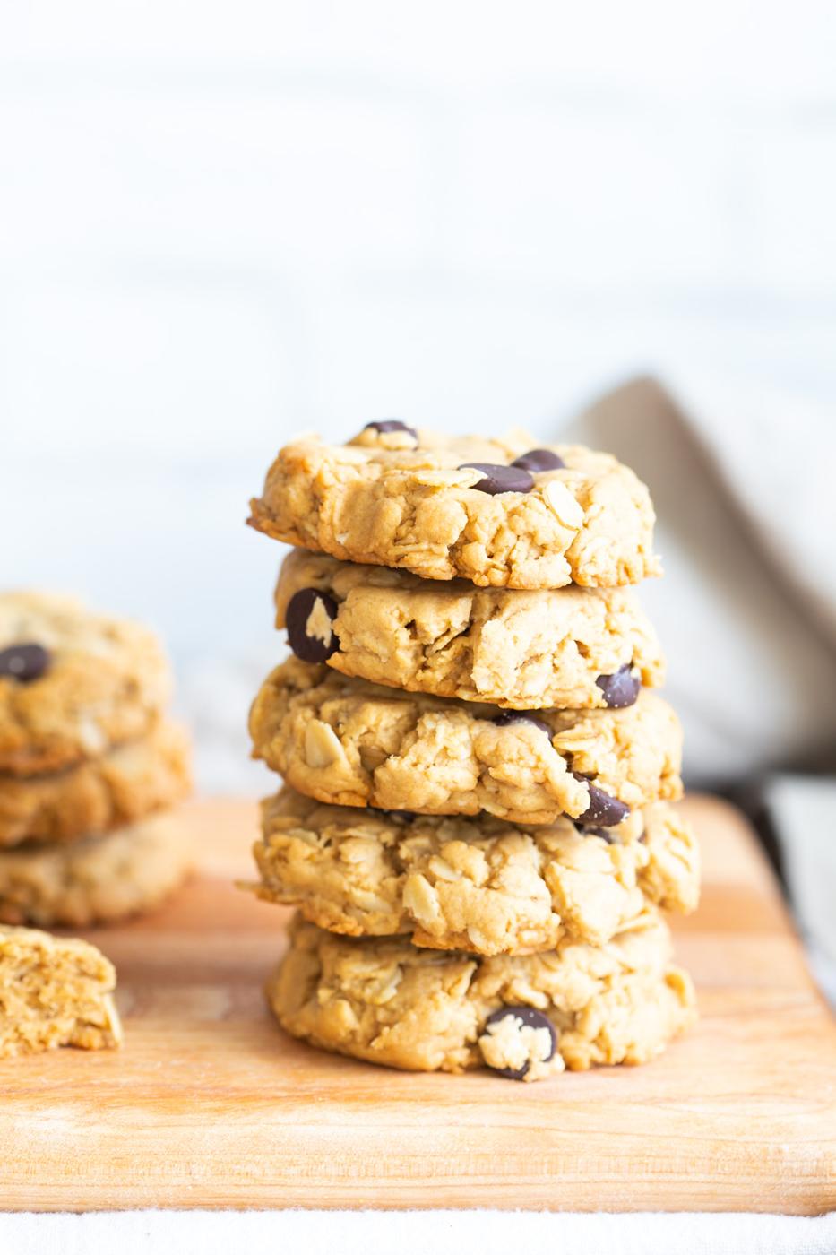 Vegan Peanut Butter Oatmeal Chocolate Chip Cookies on wood board
