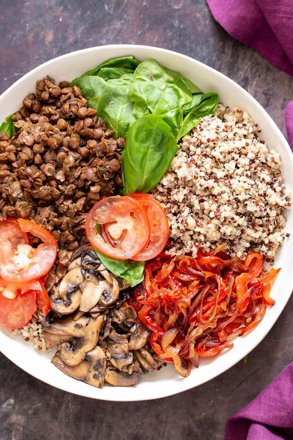 vegan pizza bowl being assembled