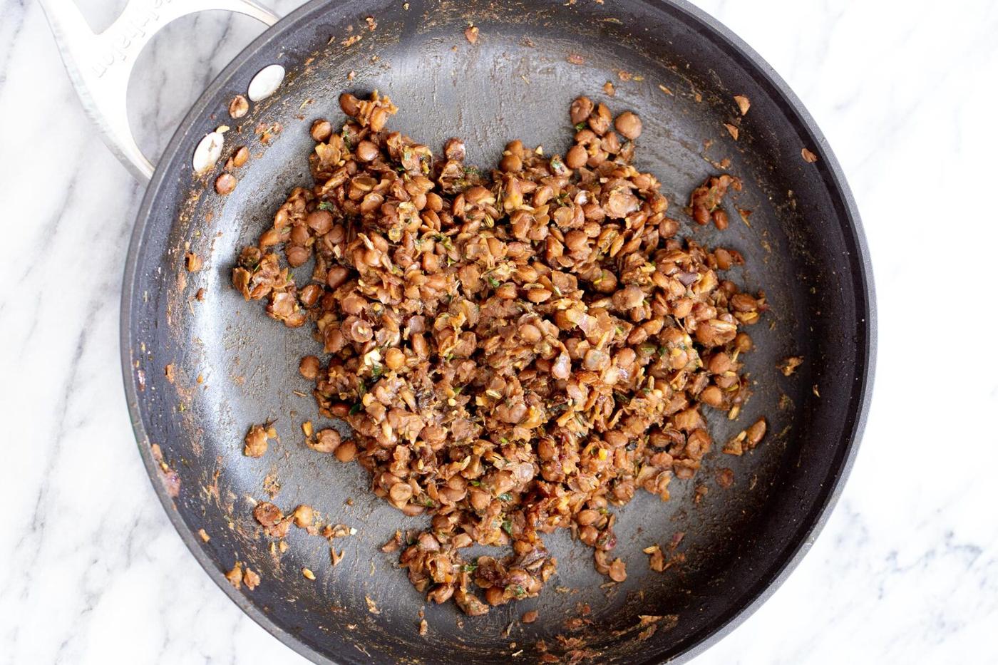 vegan lentil meat in a frying pan