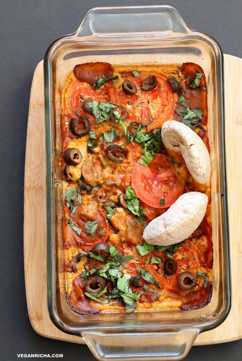 Vegan Pizza Dip. Easy Pizza Dip with sauteed mushrooms, olives, pizza sauce and from scratch Vegan Cashew Mozzarella cream sauce. Gluten-free Recipe. Can be soy-free. | VeganRicha.com