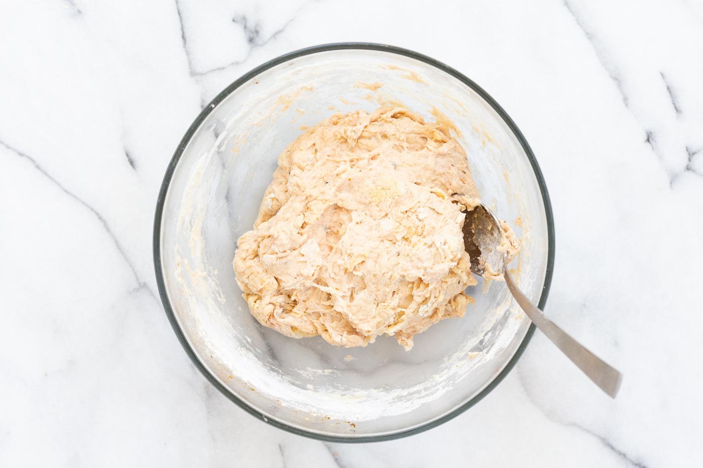 Dough for our Vegan Pizza Rolls in a glass bowl