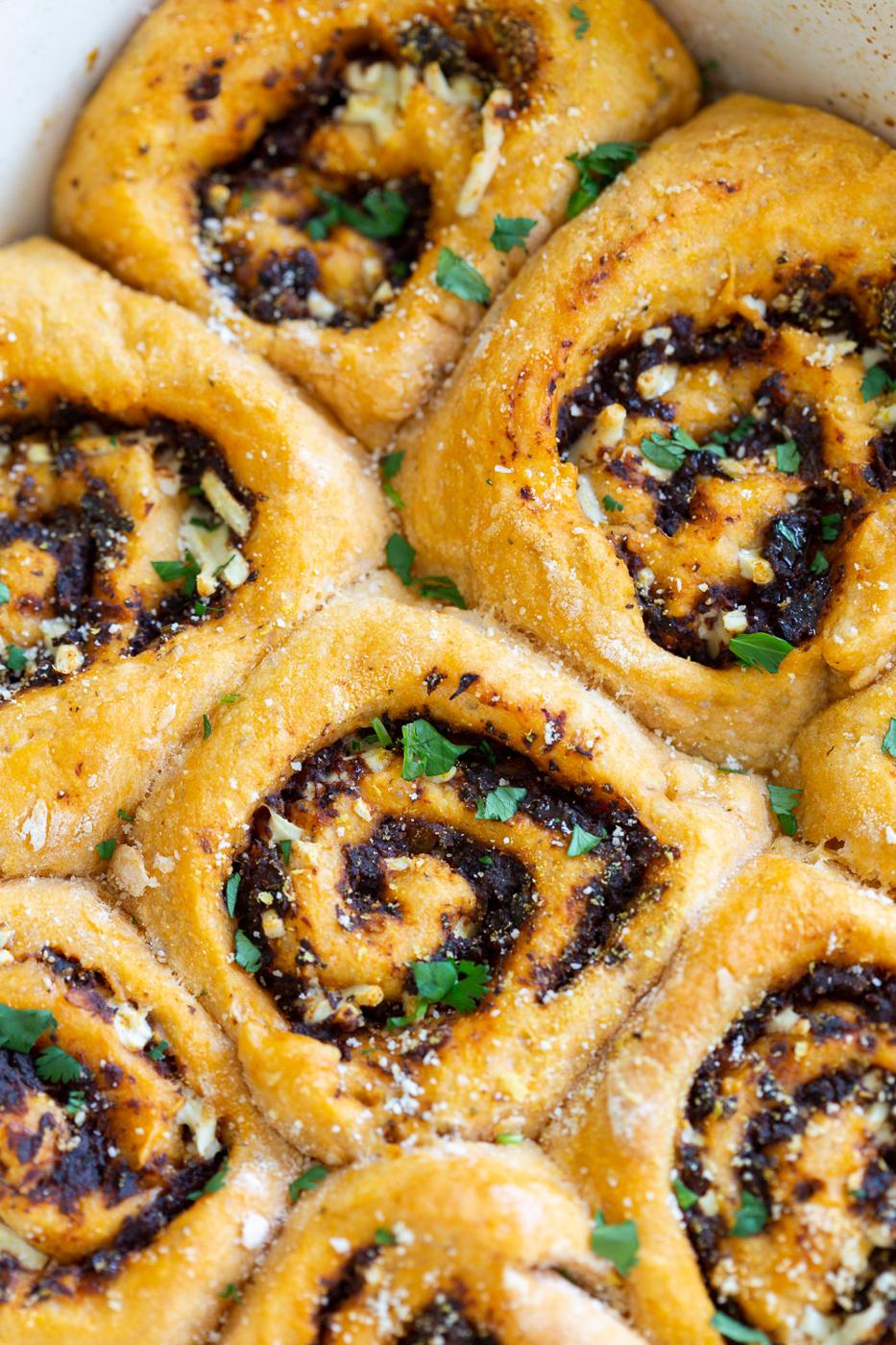 Vegan Pizza Rolls. Easy Pizza dough stuffed with herbed mushroom tomato filling, rolled, sliced and baked. Delicious snack or appetizer! #Vegan #Soyfree #Nutfree #Recipe #Veganpizzarolls #VeganRicha