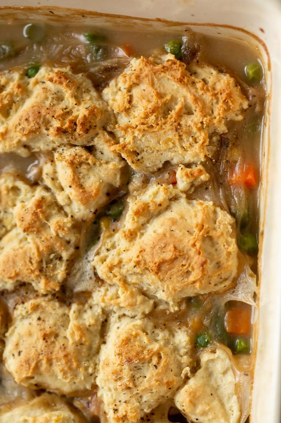 Our Vegan Pot Pie in an off- white baking dish