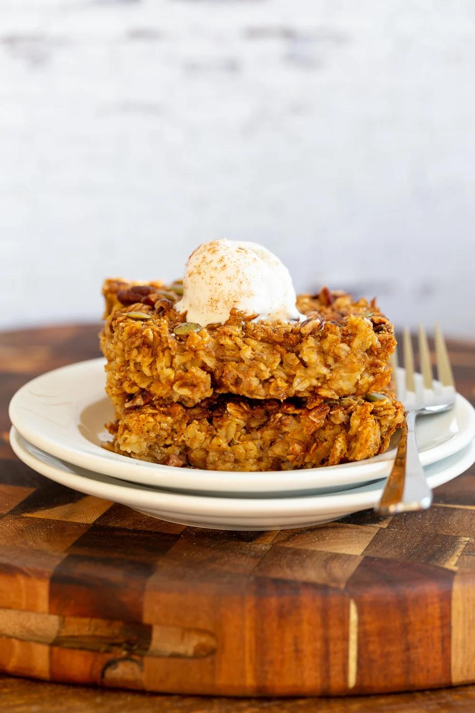 Our Vegan Pumpkin Baked Oatmeal on white plate