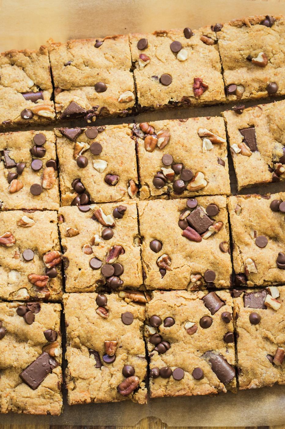 Vegan Pumpkin Blondies! Easy Nut Butter Pumpkin Blondies with Pecans and chocolate chips. No Added oil. #veganricha #vegan #Nutfree #Glutenfree option
