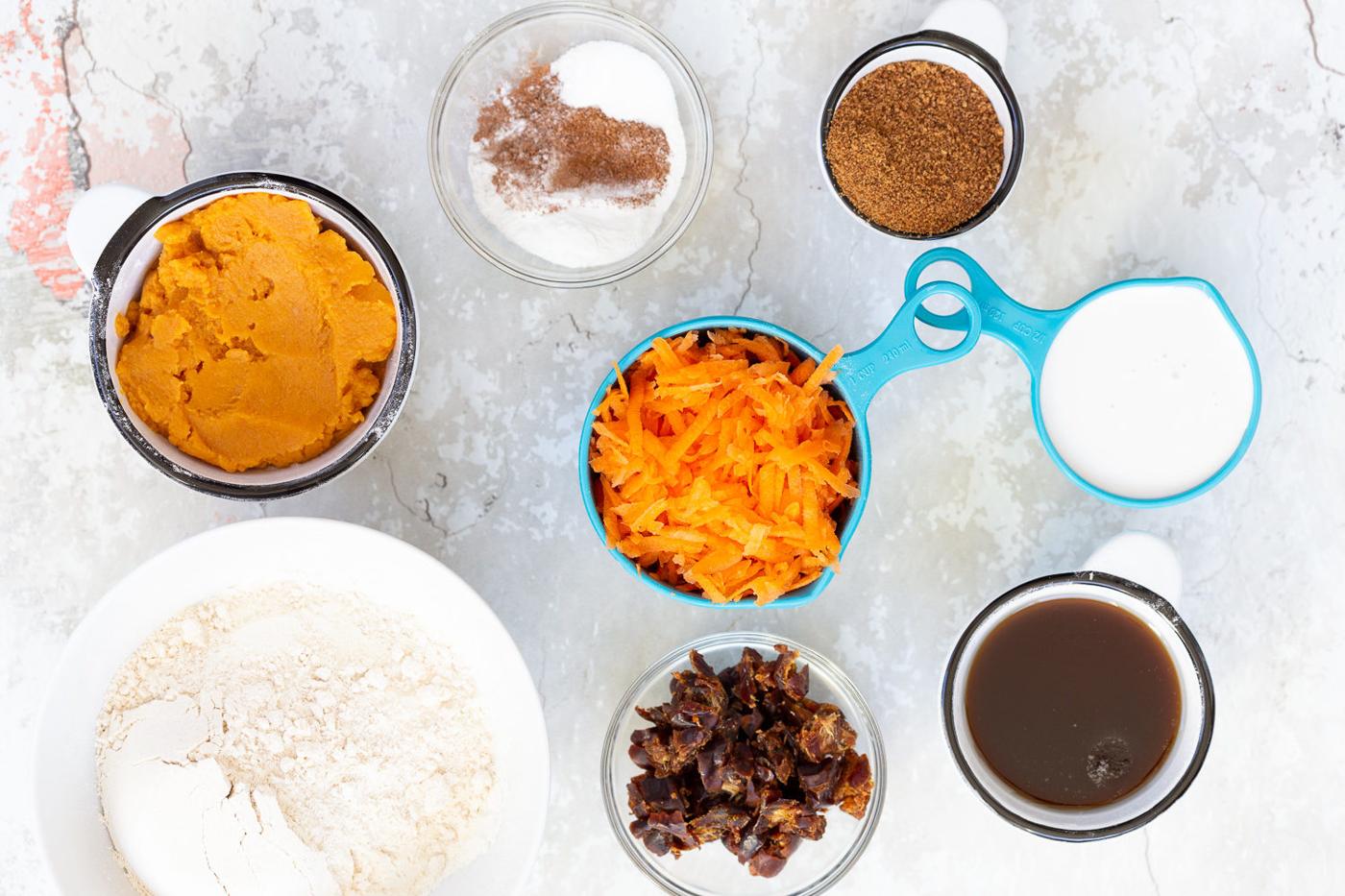 ingredients for vegan carrot pumpkin bread on a work surface