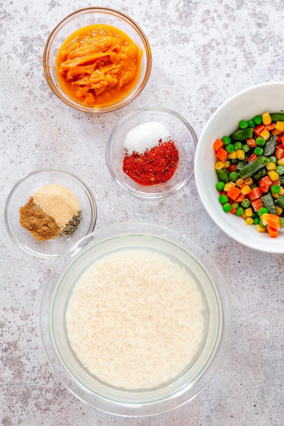 overhead shot of ingredients needed for making pumpkin chipotle fried rice