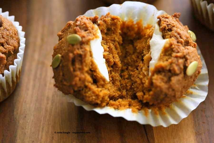 One Bowl Vegan Pumpkin Cream Cheese Muffins | https://veganricha.com #pumpkin #fall #spices #vegan #breakfast #muffin These muffins have pumpkin puree, pumpkin pie spices, all whole grain flour and are filled with vegan cream cheese in the center! One Bowl Pumpkin Muffins