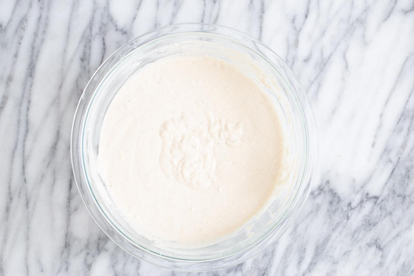 vegan pancake batter in a glass bowl