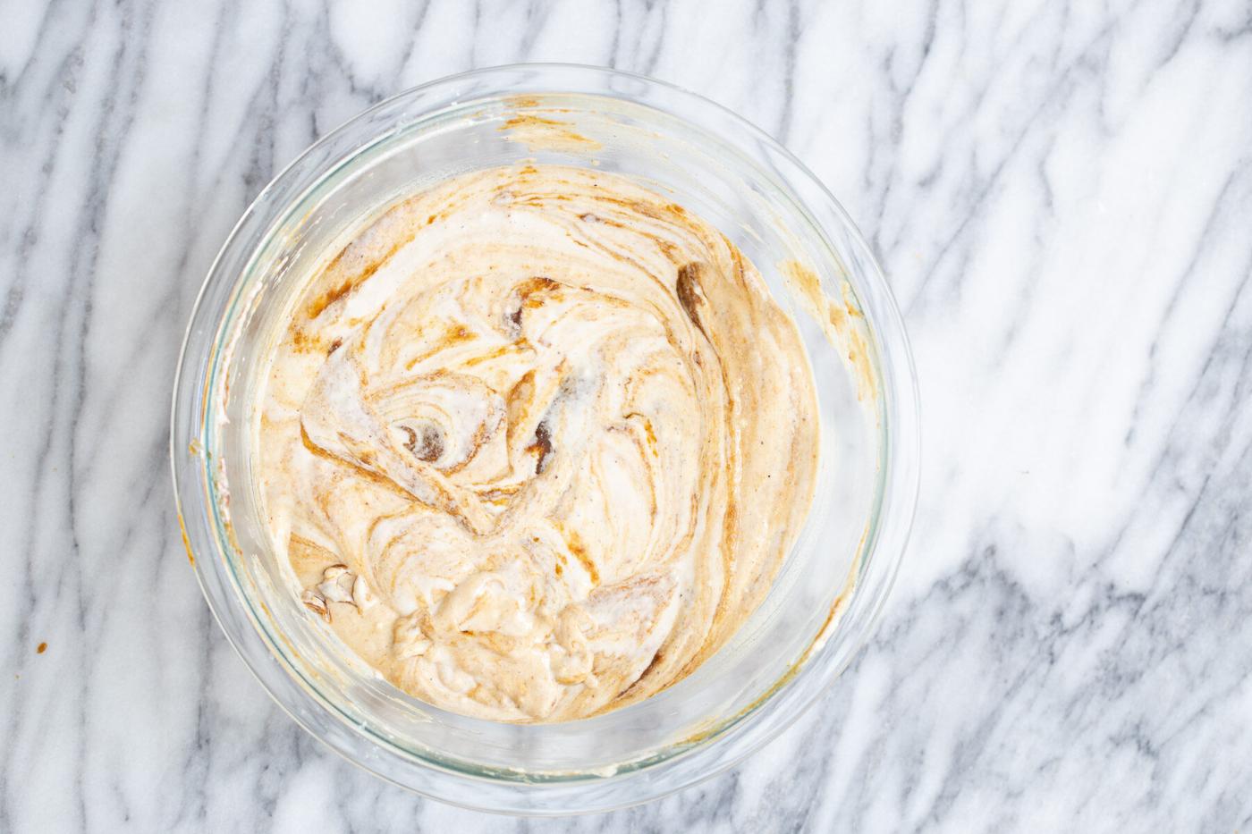 pumpkin pancake batter in a glass bowl
