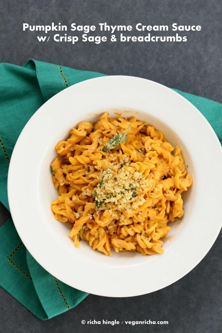 Vegan Pumpkin Sage Pasta with Pumpkin Cream Sauce and Crispy Sage.