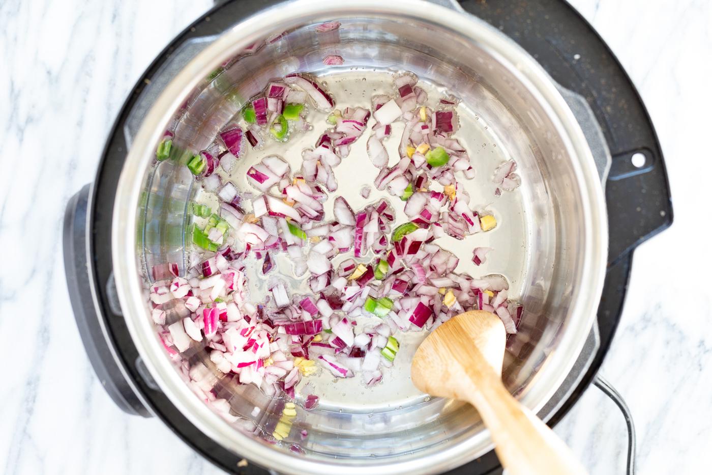 Onion, galic and ginger sauteed in Instant Pot