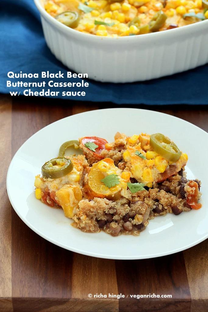 Vegan Quinoa Black Bean Casserole with Butternut and Cheddar Cream Sauce. Glutenfree Recipe