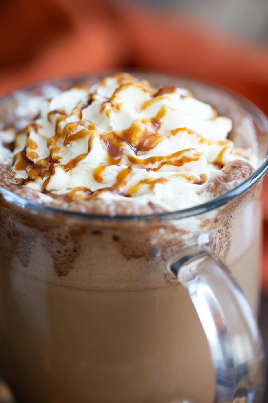 close-up of salted caramel mocha in a glass mug