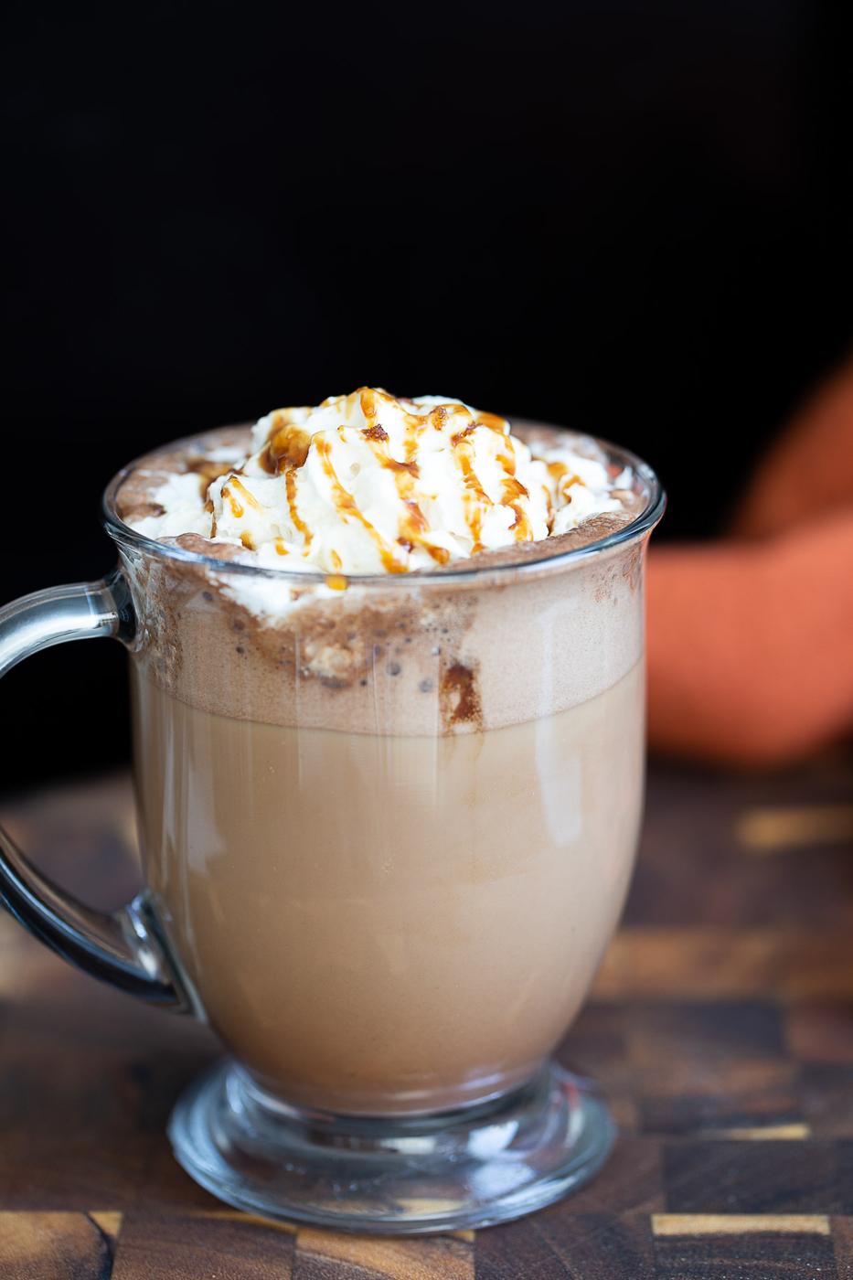 a mug of salted caramel mocha with whipped cream