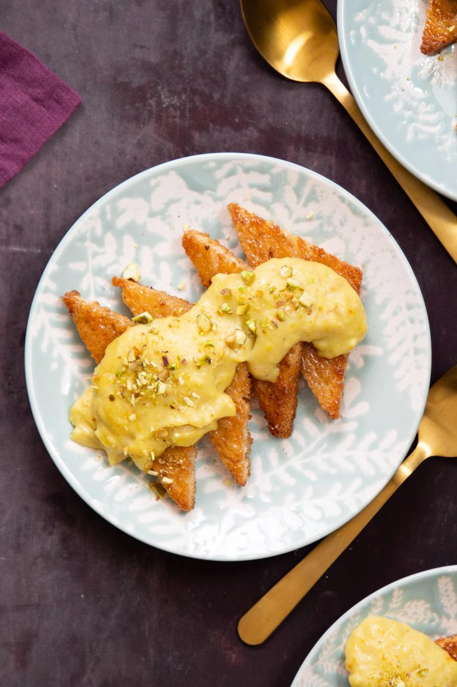 Shahi Tukda (Crisp syrup soaked toasts with Indian Rabri custard)