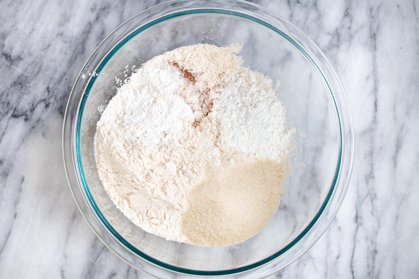vegan sheet pan pancake dry mix in a glass bowl
