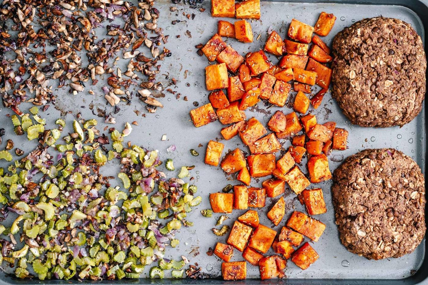 overhead shot of baked vegan Thanksgiving sheetpan dinner