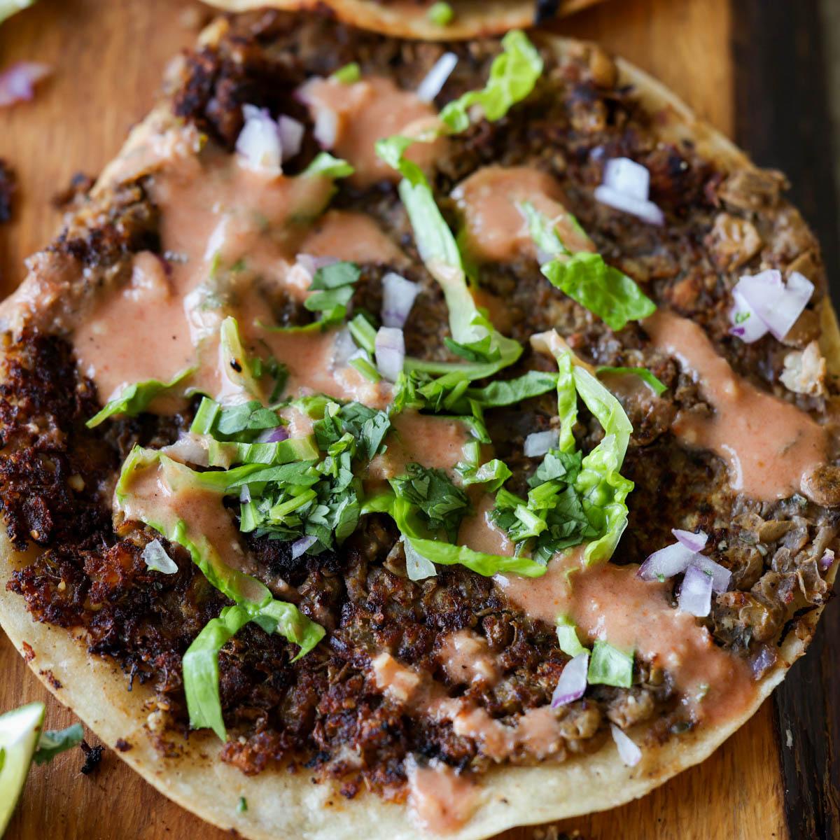 Vegan Smash Burger Tacos with Butter Chicken Lentils (soy-free, nut-free, gluten-free)