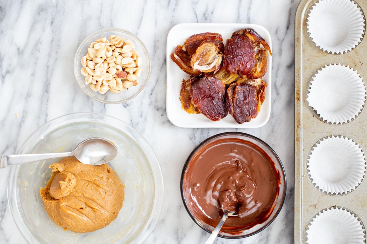 vegan snickers cups being assembled