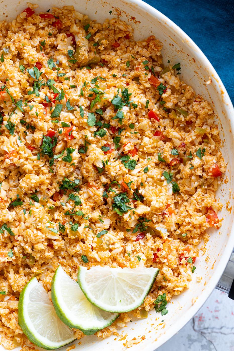 close-up overhead shot of a frying pan with cauliflower rice