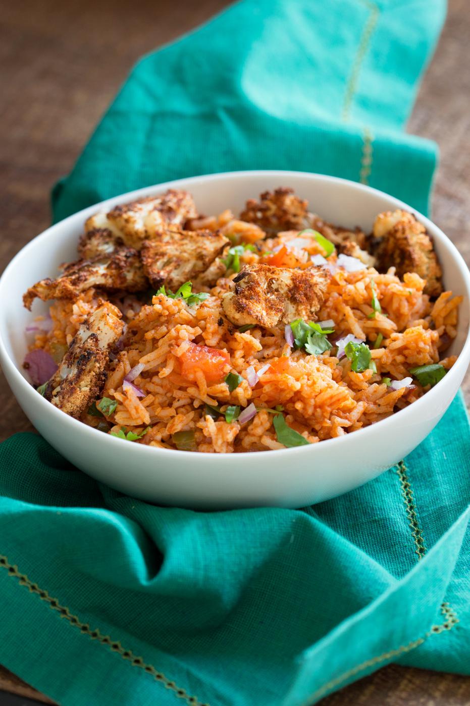Easy Vegan Spanish Rice Bowl with Taco Spice Roasted Cauliflower. Everyday Meal with everyday ingredients. #veganricha #Vegan #Glutenfree #Nutfree #Soyfree #Recipe | VeganRicha.com