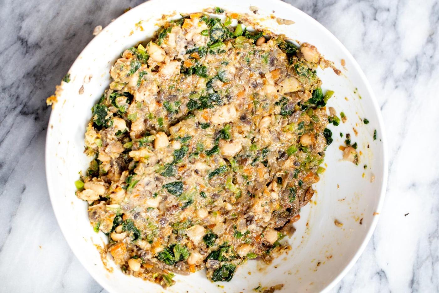 vegan savory veggie tart filling in a sauteeing pan