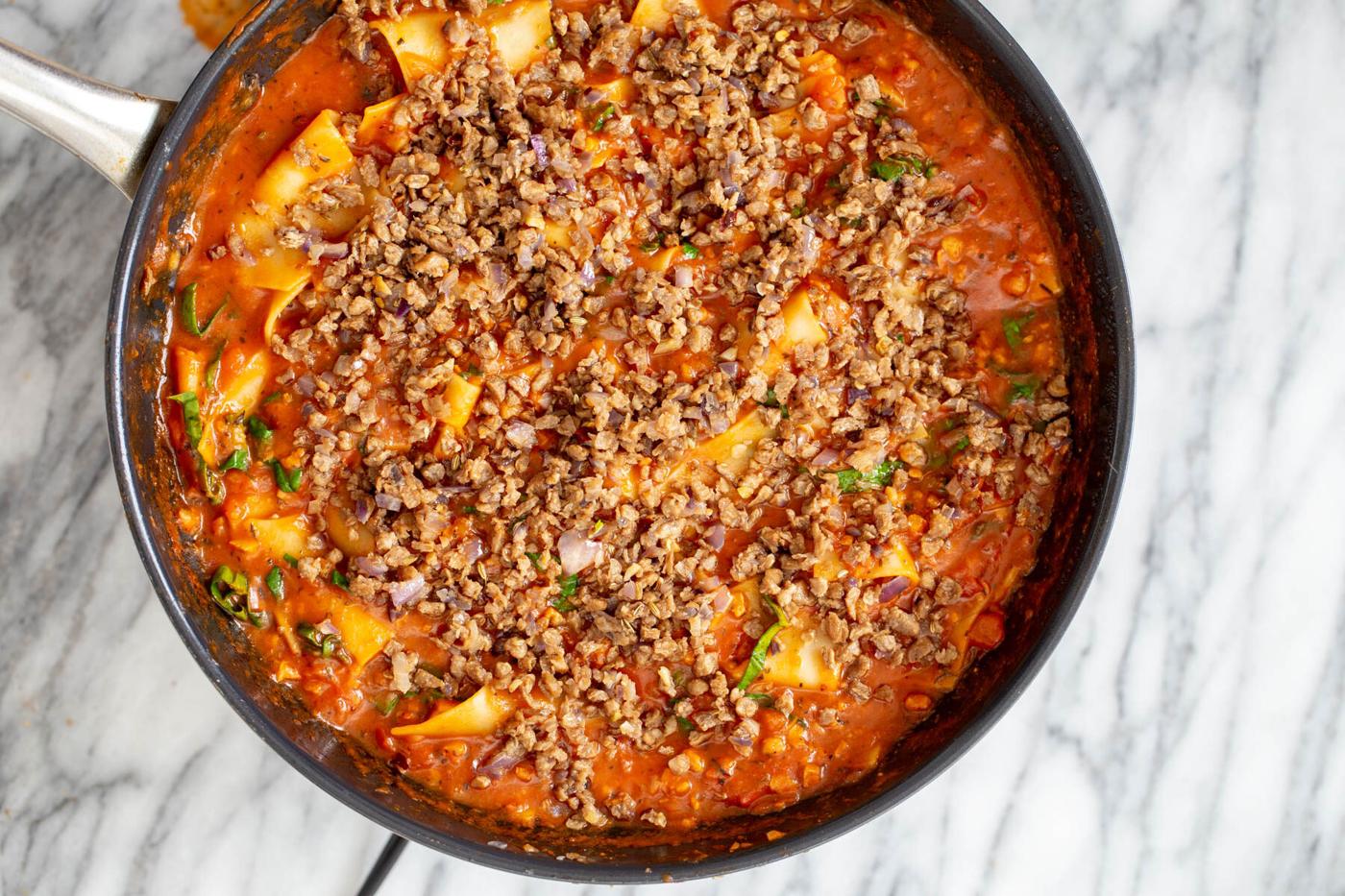 vegan cast iron skillet lasagna with vegan meat crumbles