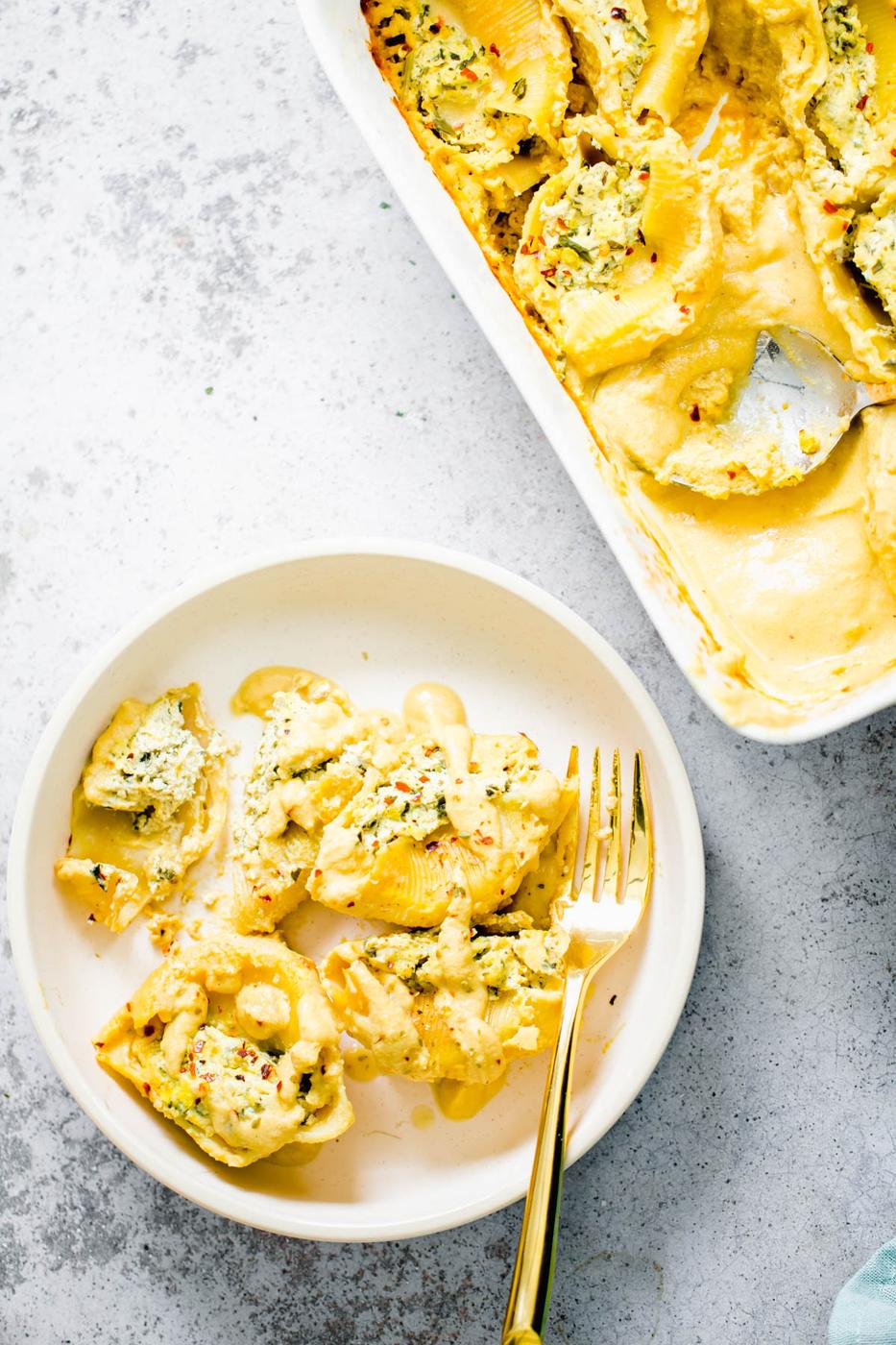 overhead shot of vegan stuffed shells with tofu ricotta and butternut squash