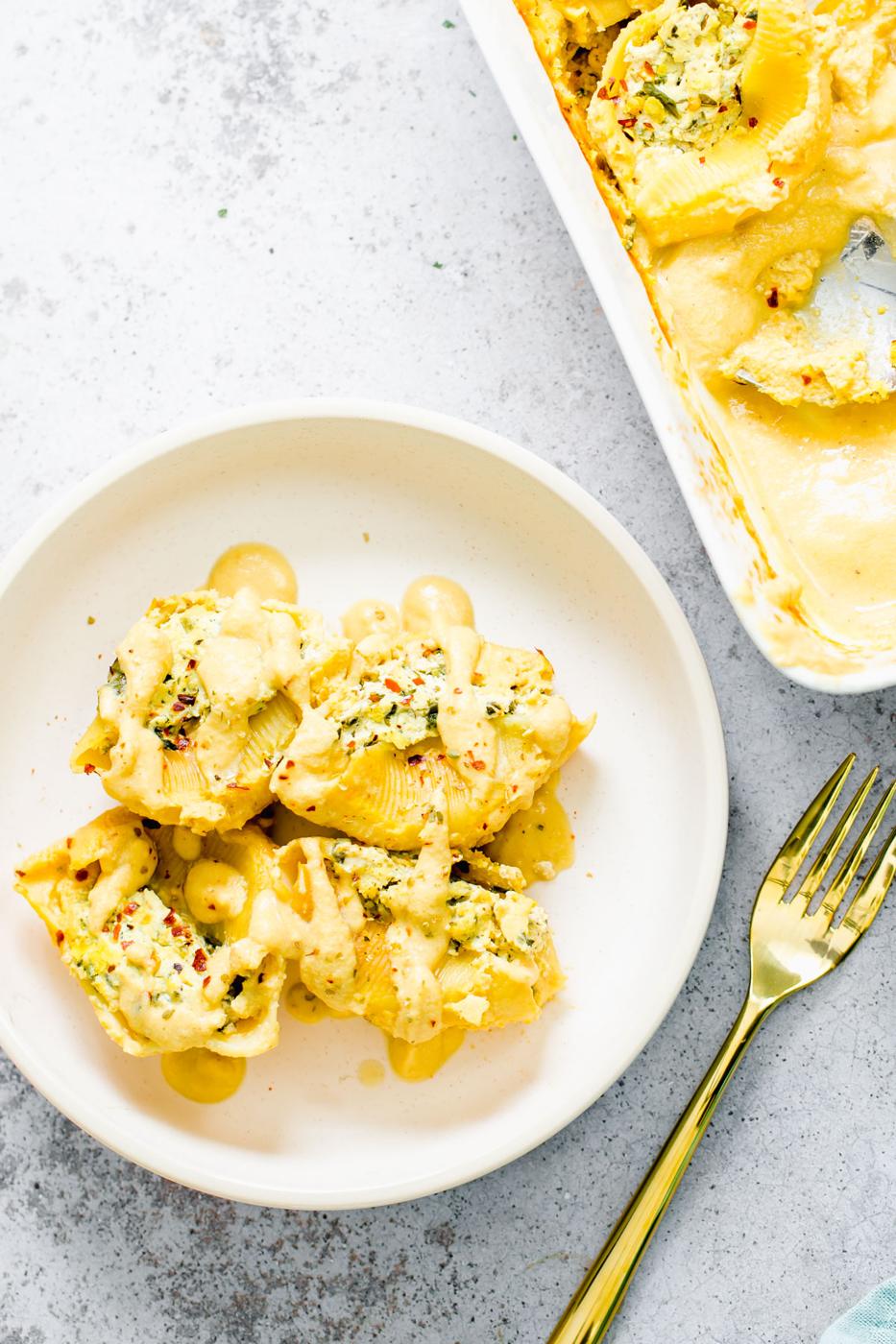 overhead shot of vegan stuffed shells with butternut squash, spinach and vegan ricotta