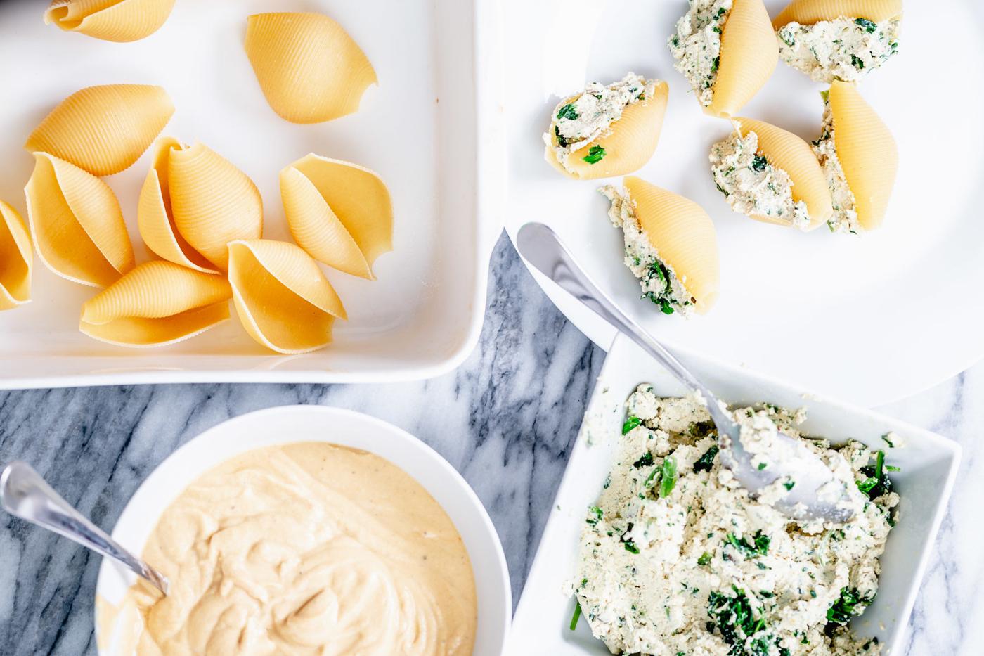 mis en place for vegan stuffed shells recipe