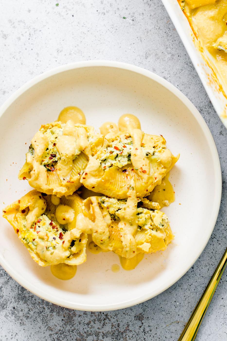 Tofu Ricotta Stuffed Shells with Butternut Squash Alfredo