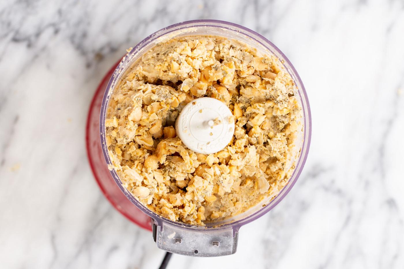vegan chickpea sausage mixture in a food processor